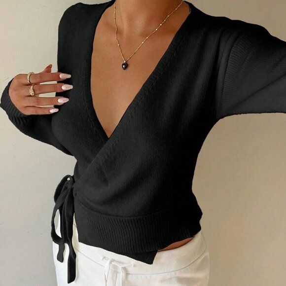 Black Casual Women's Sexy Versatile Tie-Front Deep V Cardigan - Picture 1 of 7